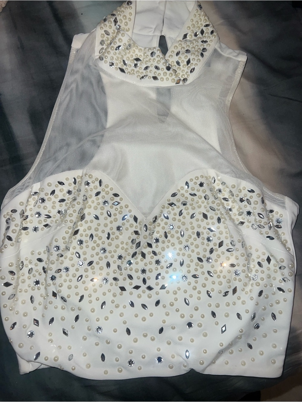 Marciano white rhinestone and faux-pearl embellished crop top